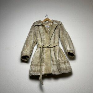 VTG Lilli Ann Faux Fur Trench Belt Rope Coat Jacket Women OS England Made 90s